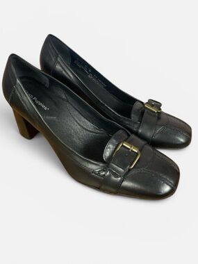 Hush Puppies Vintage Black Leather Buckle Square Toe Heels Pumps Shoes Sz 9
